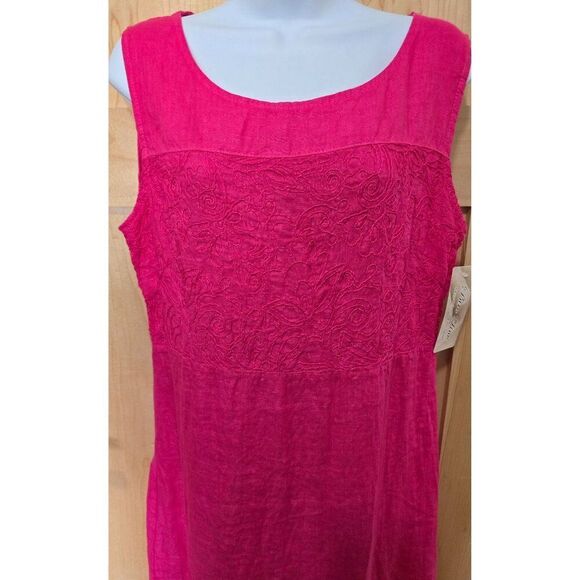 Pink Sleeveless Crinkled Linen Embroidered Tunic Top For Women - Picture 3 of 10